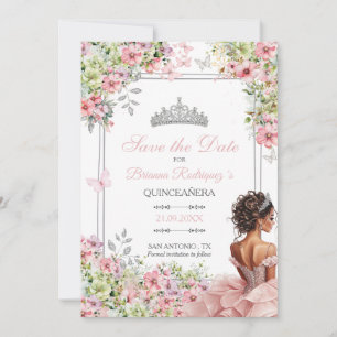 Carte Blush Floral Rose et Papillon Vert Quinceañera