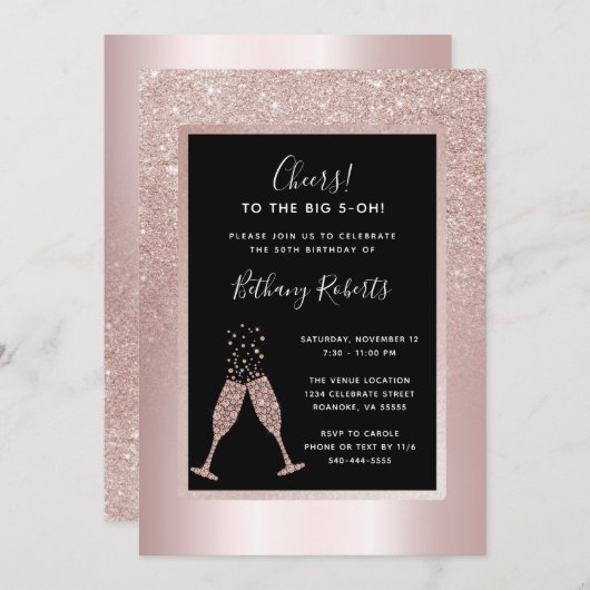 Carte Blush Parties scintillant Ombre 50e Anniversaire F (Devant / Derrière)