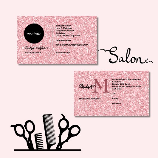 Carte Blush pink Glitter Monogram Hair & Makeup gift 
