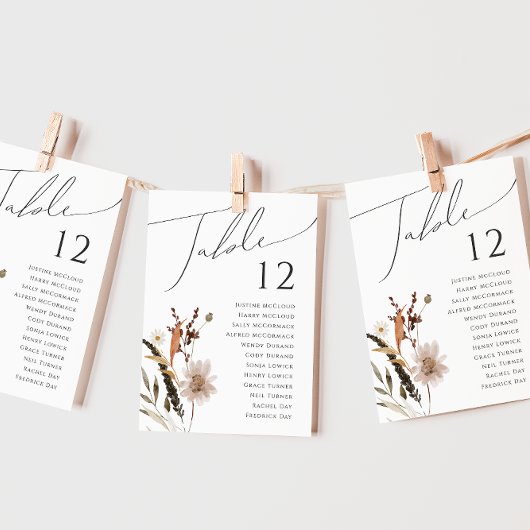 Carte Boho Automne Fleur Sauvage | Tableau de Numéros de