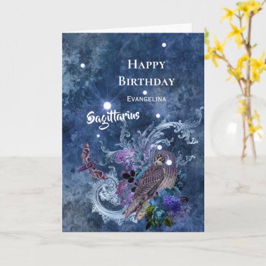 Carte Boho Blue Sagittarius Constellation Anniversaire (Fleur jaune)