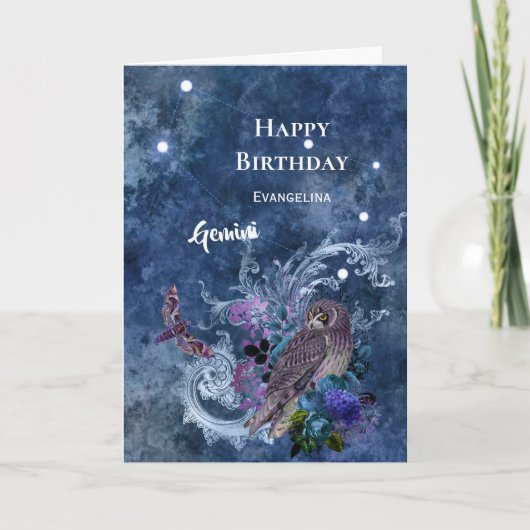 Carte Boho Blue Zodiac Gemini Constellation Anniversaire (Devant)