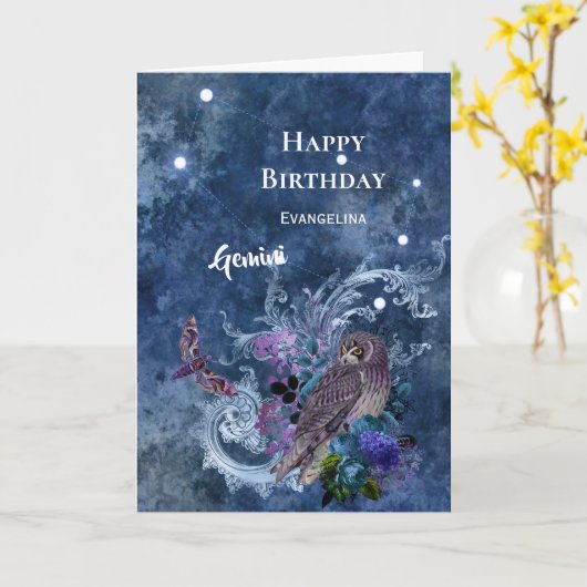 Carte Boho Blue Zodiac Gemini Constellation Anniversaire (Fleur jaune)