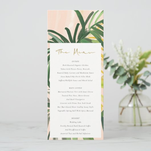 Carte Boho Blush Green Tropical Palm Mariage Menu  (Debout devant)