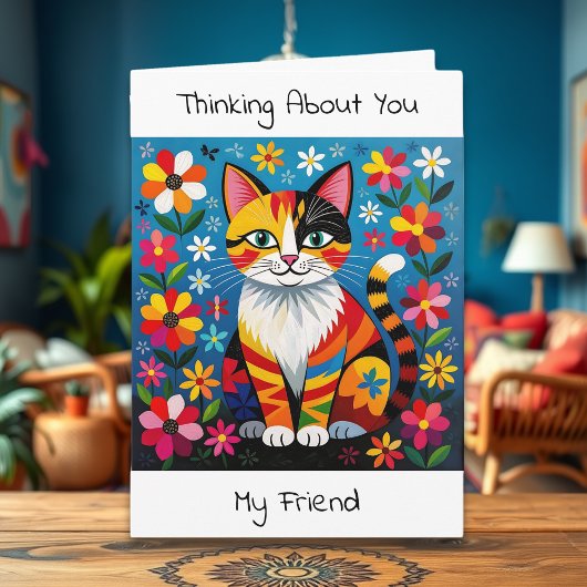 Carte Boho Cat, Flowers & Butterfly Thinking of You