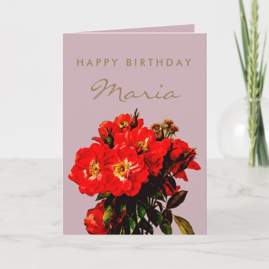 Carte Boho Chic Joyeux Anniversaire Rouge Roses Bouquet  (Devant)