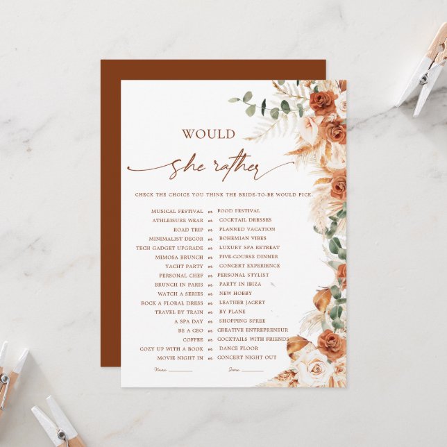 Carte Boho Chic Would She Rather Bridal Shower Game (Devant/Arrière en situation)