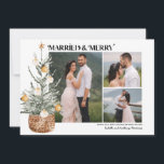 Carte Boho Christmas Tree Newlylyly 3 Photo Holiday Card<br><div class="desc">Partagez vos photos de mariage préférées avec cette carte Marié et Joyeux Noël. Il dispose d'un collage classique de 3 photos qui est très facile à customiser. Joyeux et Marié est écrit en haut dans une police populaire et tendance. Un arbre de Noël très Boho dans un panier à cordes...</div>