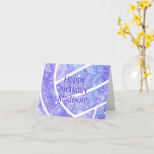 Carte boho doodle plumes violet volleyball anniversaire (Fleur jaune)