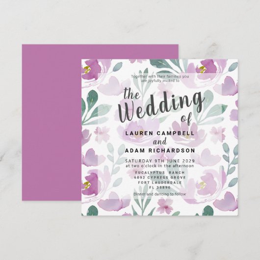 Carte Boho Elegant Aquarelle Floral Purple Mariage (Devant / Derrière)