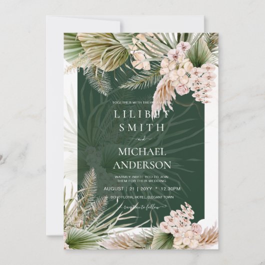 Carte BOHO Emerald Green Pampas Grass Peach Mariage (Devant)