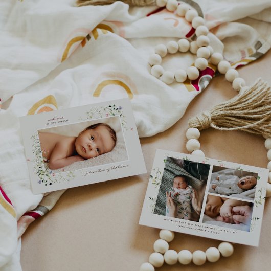 Carte Boho Fleur Sauvage Délicate | 4 Photo Naissance