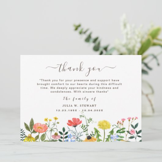 Carte Boho Fleur sauvage Funérailles Modernes Merci Note (Debout devant)