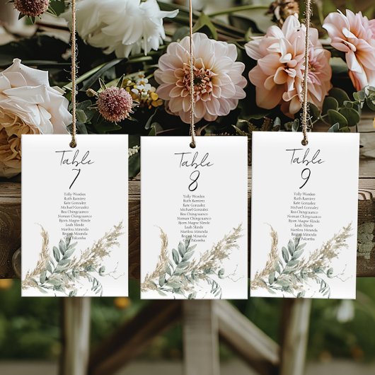 Carte Boho greenery table number seating chart cards
