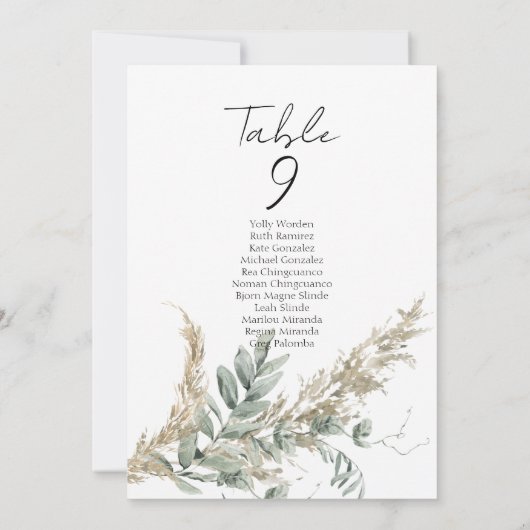 Carte Boho greenery table number seating chart cards (Dos)