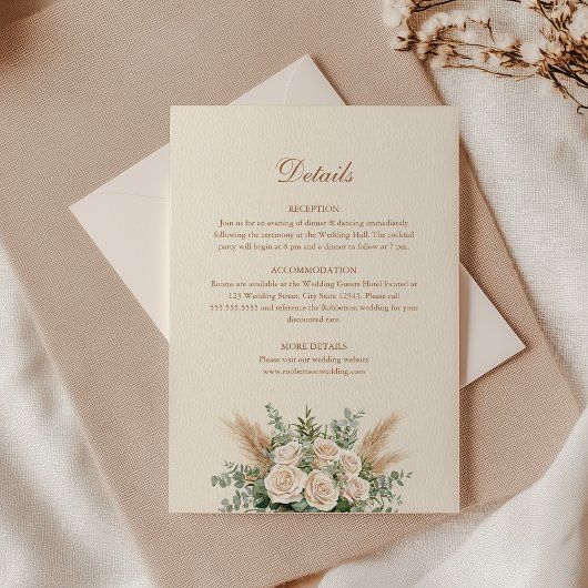 Carte Boho Pampas Grass & Rose blanche Mariage Dét