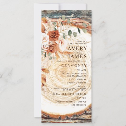 Carte Boho Pampas Rustic Wood Slice Wedding Program  (Devant)