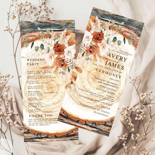 Carte Boho Pampas Rustic Wood Slice Wedding Program 