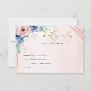 Carte Boho rose et bleu à fleurs eucalyptus rsvp