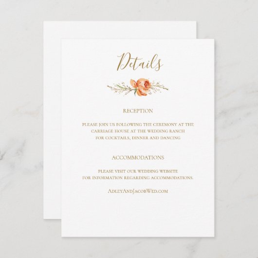 Carte Boho Rust Orange Floral Mariage Détails (Devant / Derrière)