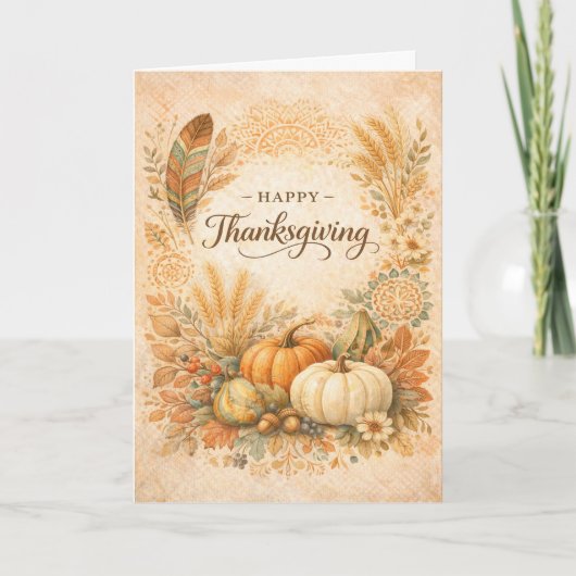 Carte Boho Rustique Thanksgiving Récolte de citrouilles (Devant)