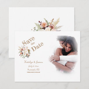Carte Boho Soft Rose/Fleurs Blanches/Mariage/Enregistrer