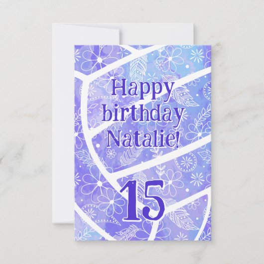 Carte boho sport violet fleuri volley anniversaire (Devant)