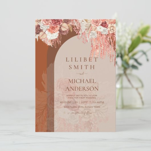 Carte Boho Terracotta Rose Pampas Grass Mariage Floral (Debout devant)