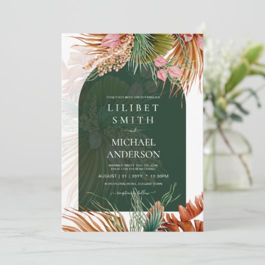 Carte BOHO Tropical Pampas Grass Mariage (Debout devant)