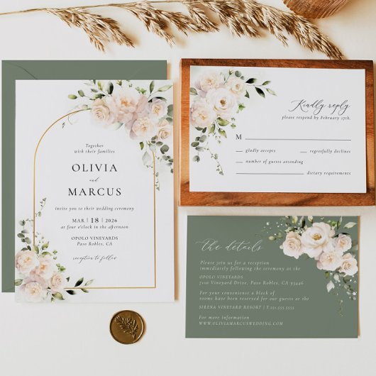 Carte Boho White Rose Floral Arch Mariage Numéro de tabl