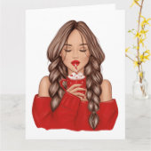 Carte Boire du chocolat chaud en hiver dans un pull roug (Fleur jaune)