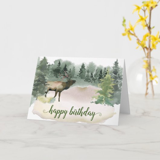 Carte Bois Aquarelle Forêt Elk Anniversaire (Fleur jaune)