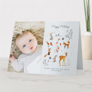 Carte Bois bleu clair Noël Arbre et animaux