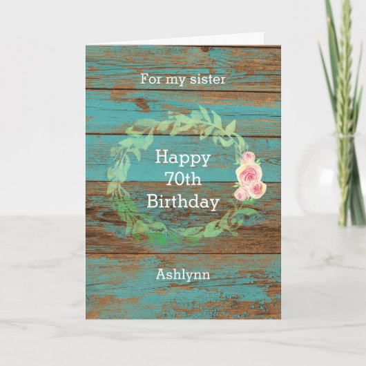 Carte Bois rustique et aquarelle Floral 70e anniversaire (Devant)