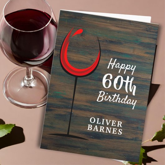 Carte Bois rustique Verre rouge 60e anniversaire