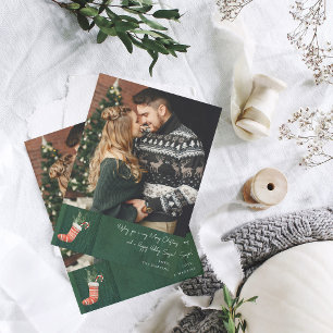 Carte Bois Vert Rustique & Photo de Chaussette de Noël N