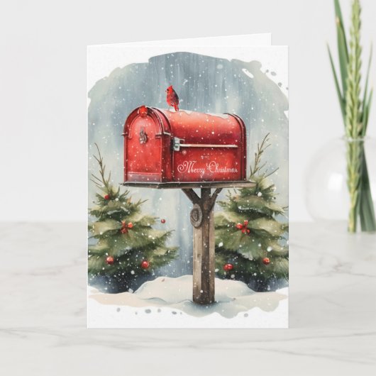 Carte Boite aux lettres rouge Noël Aquarelle dans Snowfl (Devant)