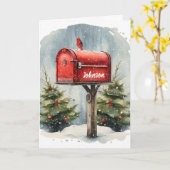 Carte Boite aux lettres rouge Noël Aquarelle dans Snowfl (Fleur jaune)