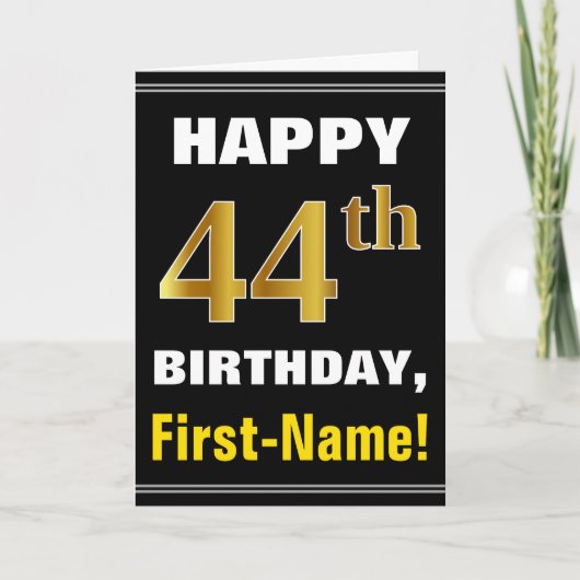 Carte Bold, Black, Faux Gold 44th Birthday w/ Name Card (Devant)