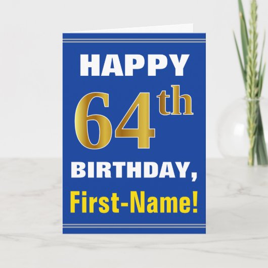 Carte Bold, Blue, Faux Gold 64th Birthday w/ Name Card (Devant)