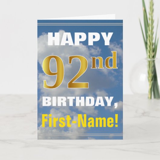 Carte Bold, Ciel nuageux, Faux Gold 92e anniversaire + N (Devant)