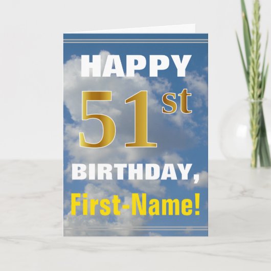 Carte Bold, Cloudy Sky, Faux Gold 51st Birthday + Name (Devant)