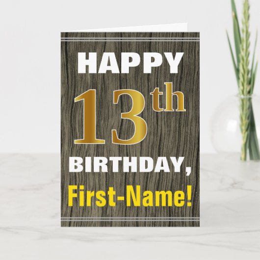 Carte Bold, Faux Wood, Faux Gold 13e anniversaire + Nom (Devant)