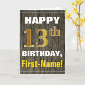 Carte Bold, Faux Wood, Faux Gold 13e anniversaire + Nom (Fleur jaune)