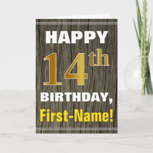 Carte Bold, Faux Wood, Faux Gold 14th Birthday + Name (Devant)