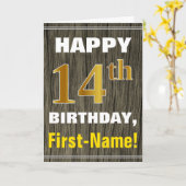 Carte Bold, Faux Wood, Faux Gold 14th Birthday + Name (Fleur jaune)