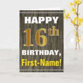 Carte Bold, Faux Wood, Faux Gold 16e anniversaire + Nom (Fleur jaune)