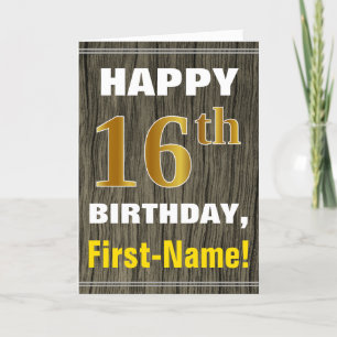 Carte Bold, Faux Wood, Faux Gold 16e anniversaire + Nom