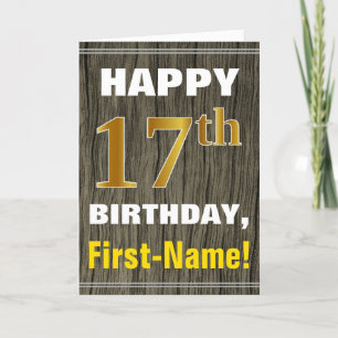 Carte Bold, Faux Wood, Faux Gold 17e anniversaire + Nom