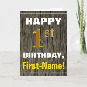 Carte Bold, Faux Wood, Faux Gold 1er Anniversaire + Nom